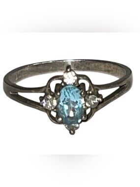 Vintage Signed 925 Sterling Silver Blue Topaz & CZ Accent Ring – Size 7